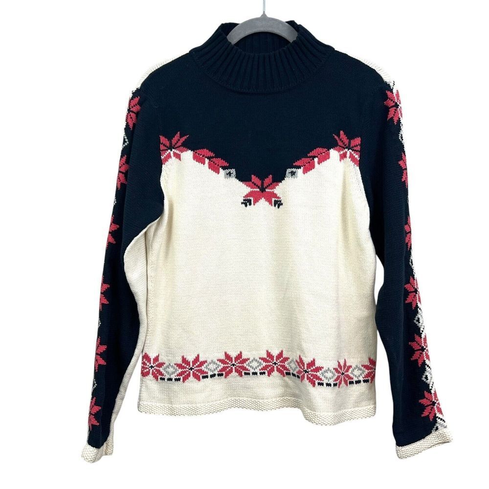 Liz Claiborne Womens Knit Sweater Floral Embroidered Mock Neck Navy Cream Sz M*